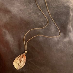 Long, Gold, Triple Layered Leaf Pendant Necklace